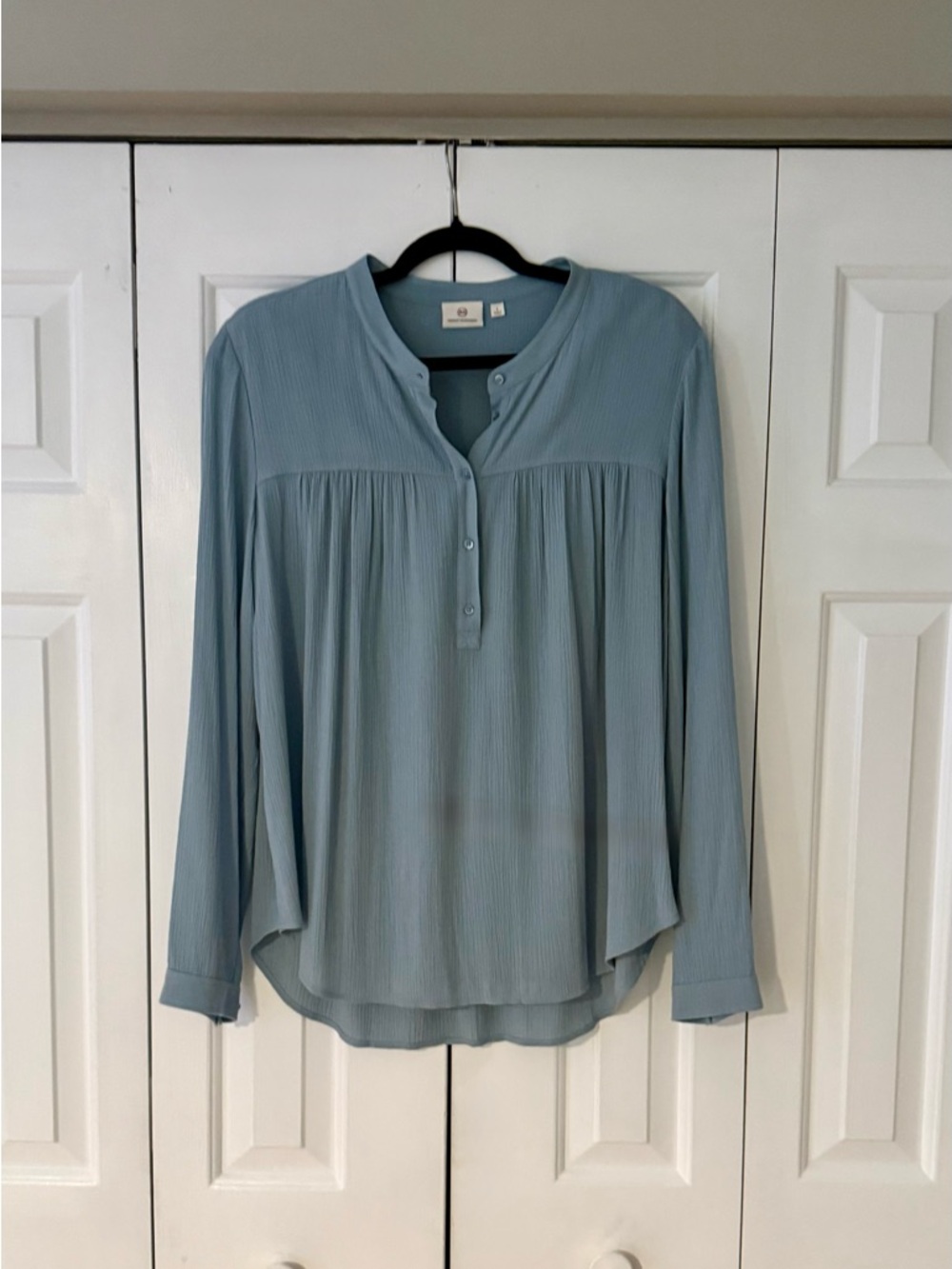 AG Flowy Button Front Blouse Size L Blue Sheer Lightweight Long Sleeve